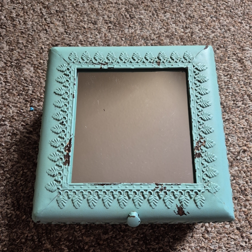 Vintage Turquoise Mirror Box Treasure Jewelry Trinket Antique